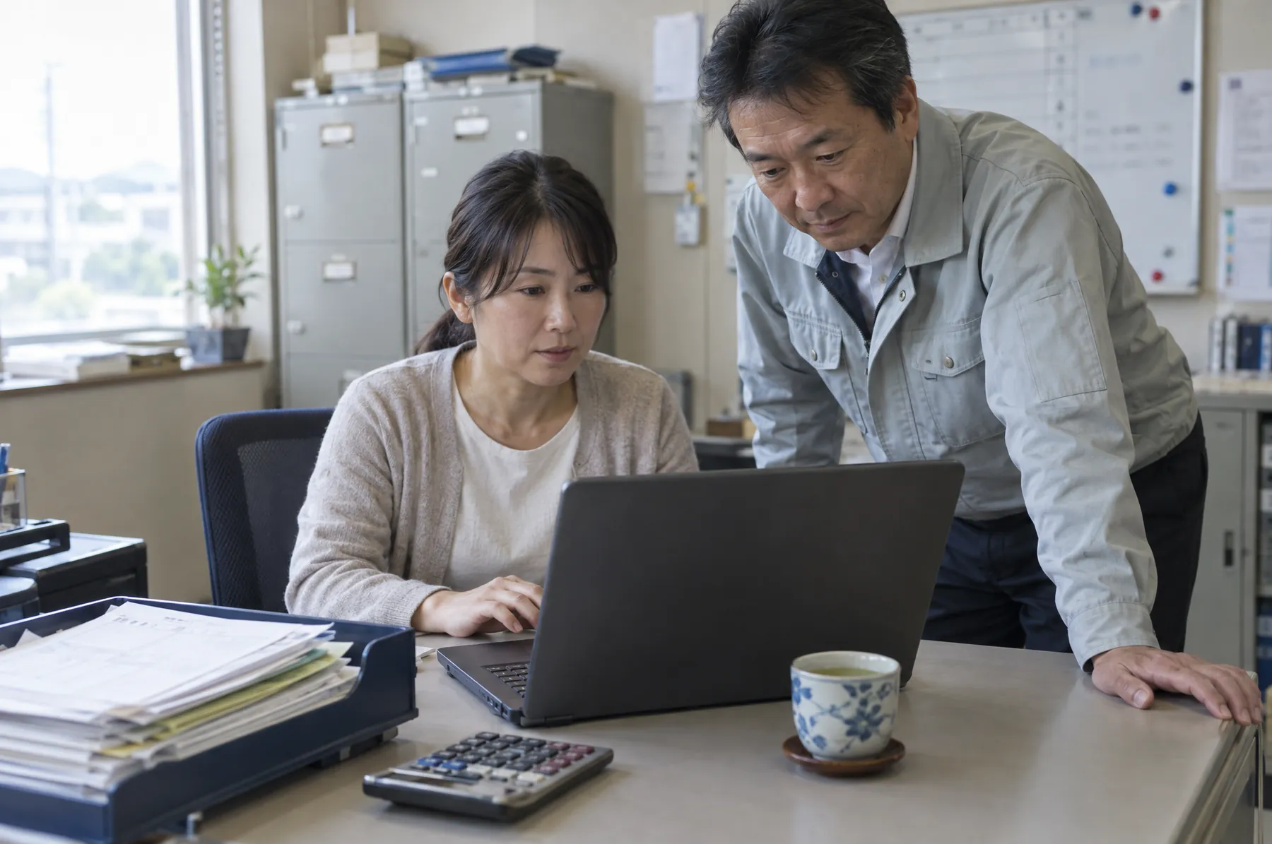 事務所で社長と事務担当者がノートパソコンの表を確かめている様子（イメージ写真）
