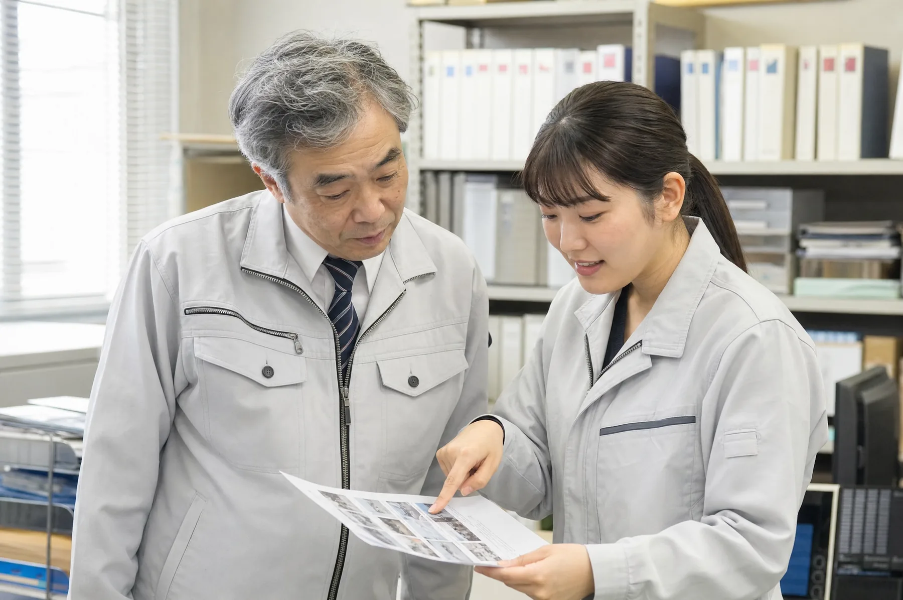 社員2人が作業手順書を見ながら確認している様子（イメージ写真）