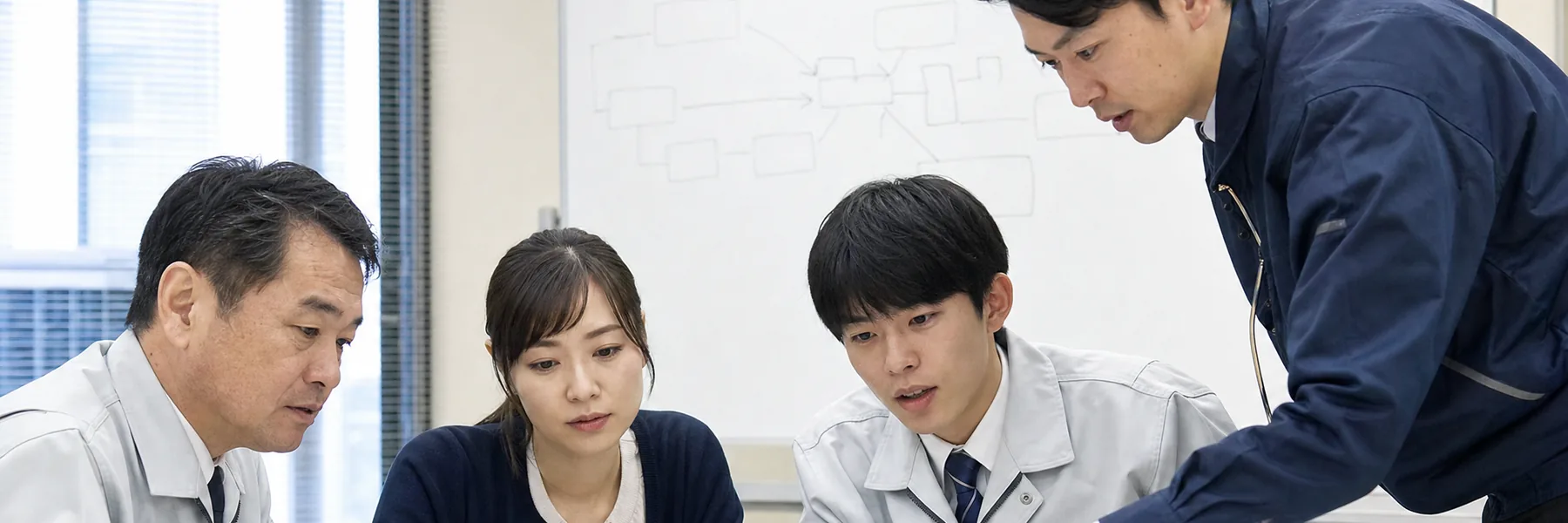 会議室で3人のチームが1台のパソコンを囲み、講師が隣で見ている様子（イメージ写真）