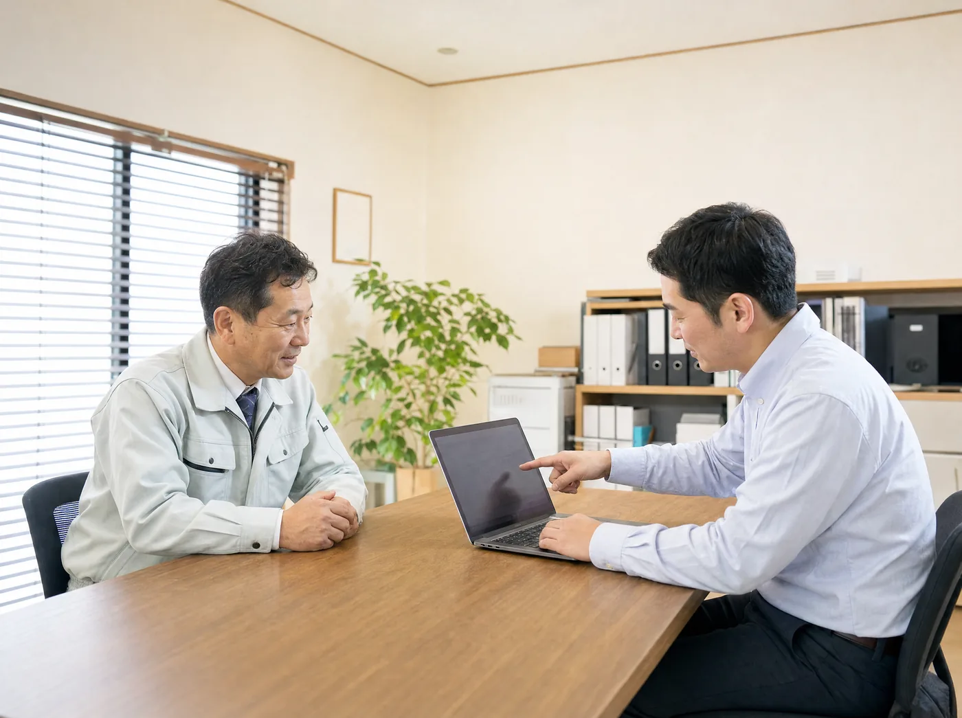 経営者と担当者が机をはさんで相談している写真